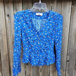 Philosophy Blue Puff Sleeve Smocked Blouse Womens Size S/P